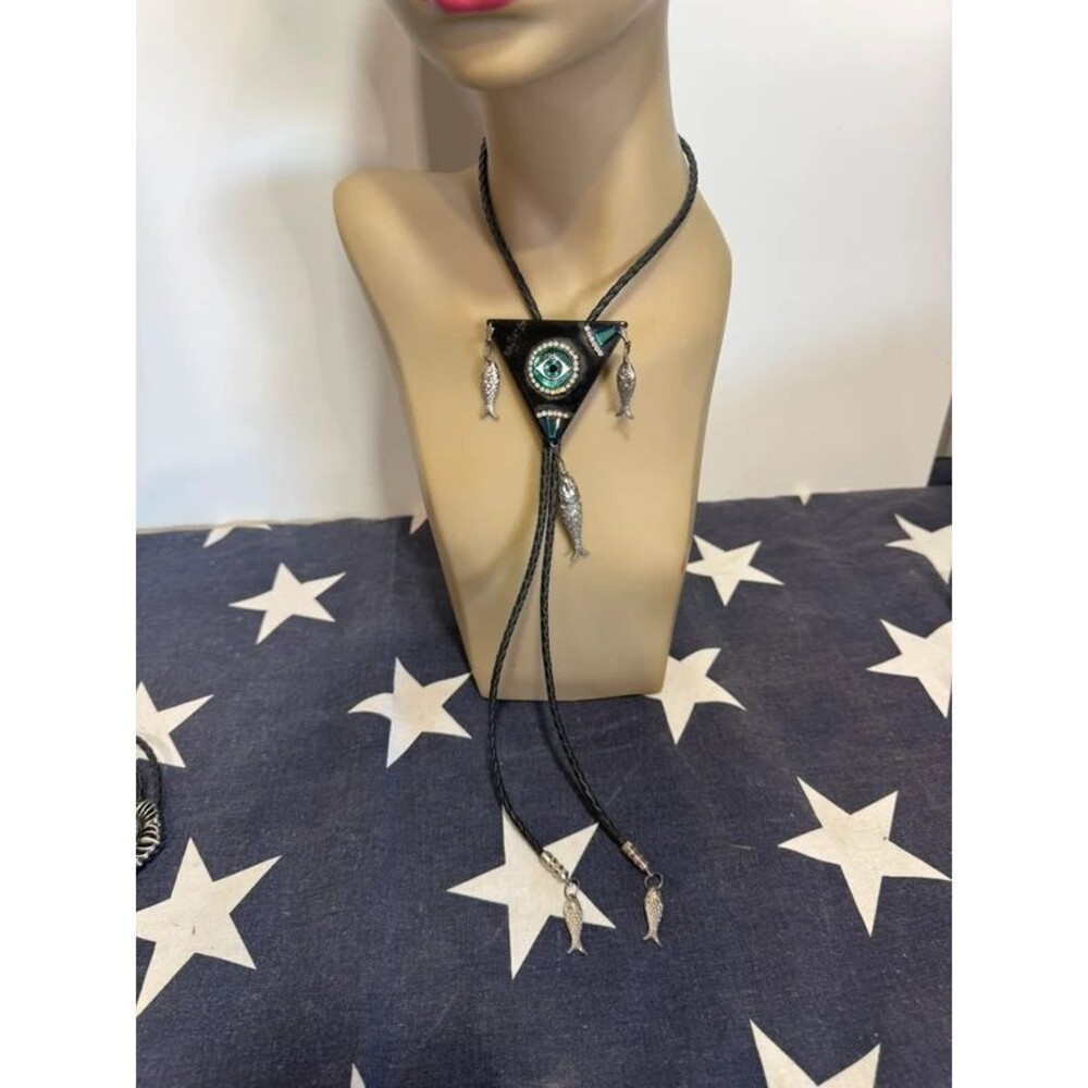 All Seeing Eye Fish Triangle Pendant Bolo Tie Leather Cord Rhinestone Accent